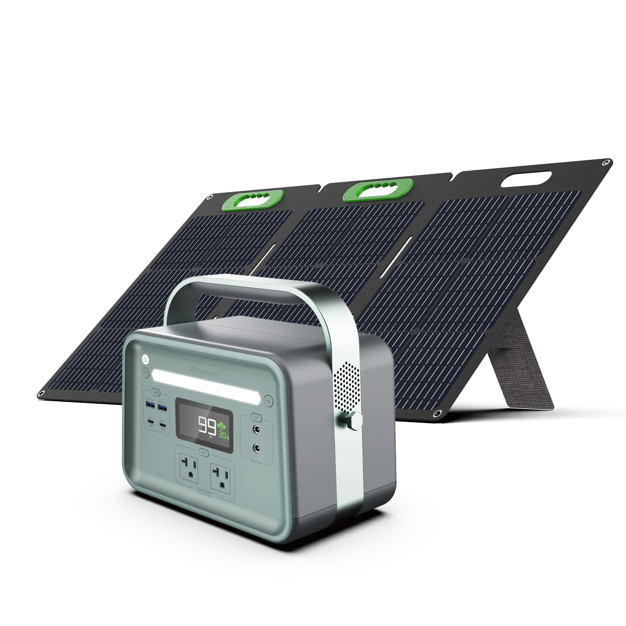 Yoshino B330 SST 8-Port Solid-State Solar Generator 241Wh, 330W with 1-Piece Solar Panel (100W) Emergency Power, Pure Sine Wave, Smart App
